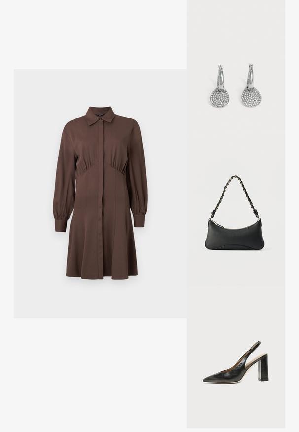 Bruine shirtjurk van zacht materiaal, met een sluiting aan de voorkant met knopen, lange pofmouwen en een aansluitende taille met geplooide details.; Zwarte leren slingback schoen met spits toelopend neusje, hoge blokhak en beige binnenvoering tegen een effen lichte achtergrond.; Zwarte lederen schoudertas met een gebogen rechthoekige vorm, gouden ketting verweven in een gevlochten zwarte band, en een ritssluiting bovenop.; Zilveren creolen met ronde, platte hangers bezet met kleine heldere kristallen op een effen lichte achtergrond.