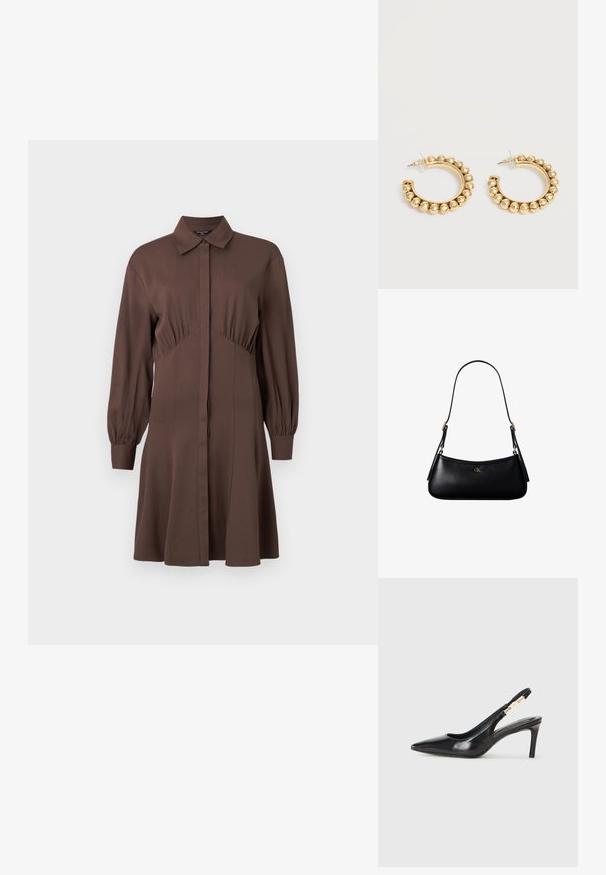 Brun skjortekjole lavet af blødt materiale, med forreste knaplukning, lange pufærmer og en tætsiddende talje med samlede detaljer.; Sort læder slingback højhælede sko med spidse tæer, glat overflade og en smal ankelrem med guldfarvede hardware detaljer.; Sort læder mini skuldertaske med tynd rem og lille gyldent CK-logo på fronten i midten.; Et par guldfarvede creoler med afrundede perle-detaljer langs den ydre kant på en lys baggrund.