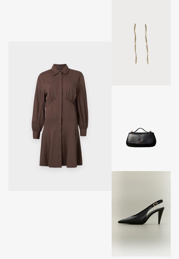 Brun skjortekjole lavet af blødt materiale, med forreste knaplukning, lange pufærmer og en tætsiddende talje med samlede detaljer.; Sort læder slingback med spids tå, høj hæl, guldlås og tilspidset hæl på en neutral baggrund.; Sort lædertaske med et lille håndtag, guldfarvet "cK" logo på frontklappen og guldfarvede hardware-accenter.; Lange guldøreringe bestående af fire forlængede sammenkædede buede stænger på en hvid baggrund.