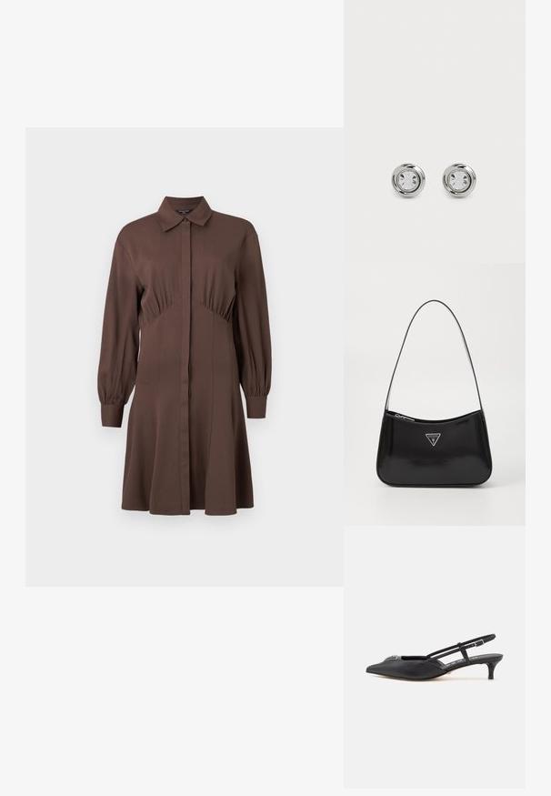 Brun skjortekjole lavet af blødt materiale, med forreste knaplukning, lange pufærmer og en tætsiddende talje med samlede detaljer.; Sorte slingback-sko med spids tå, lavet af glat materiale, med en lille hæl og en dekorativ sølvaccent på vamps.; Sort patenteret læder skuldertaske med en buet form, prydet med et sølvfarvet trekantet logo og en lynlås-lukning. Glat tekstur og slank rem.; Sølv metal stud øreringe med runde klare krystaller, der har en glat poleret overflade og et cirkulært design med subtile hævede kanter.