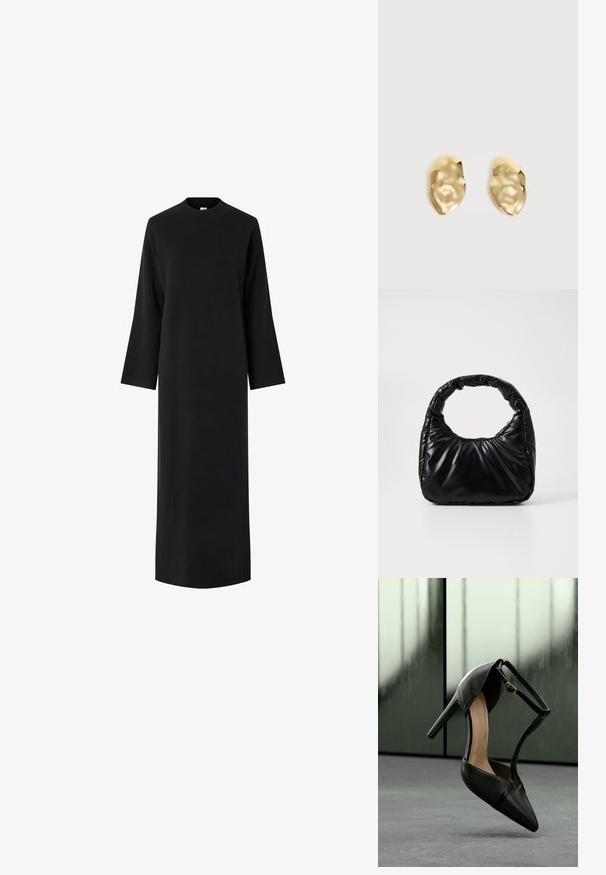 Vestido negro largo de punto con mangas largas y cuello alto, mostrado sobre un fondo blanco.; Zapato de tacón alto de cuero negro con punta puntiaguda y correa en el tobillo, suspendido sobre una superficie gris con paneles de vidrio esmerilado en el fondo.; Bolso negro acolchado con un asa redondeada, que presenta una superficie lisa y brillante y una textura suave y acolchada. Sin herrajes ni acentos visibles.; Par de pendientes de metal dorado brillante, con forma irregular y superficie arrugada y lisa sobre un fondo claro y sencillo.