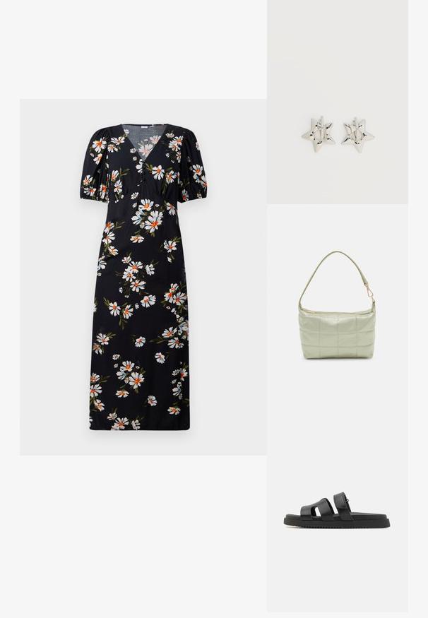 Robe longue noire à manches bouffantes, présentant un motif floral blanc et orange. Design à col en V avec des détails froncés au niveau de la poitrine.; Sandales noires en cuir avec deux larges sangles, design à bout ouvert, et une semelle épaisse en caoutchouc noir avec un motif texturé et strié.; Sac vert rembourré avec une texture douce, de forme rectangulaire, à une bandoulière, et fermeture à glissière dorée. Présente un motif matelassé.; Boucles d’oreilles créoles en forme d’étoile argentée avec une finition lisse et polie sur un fond blanc uni.