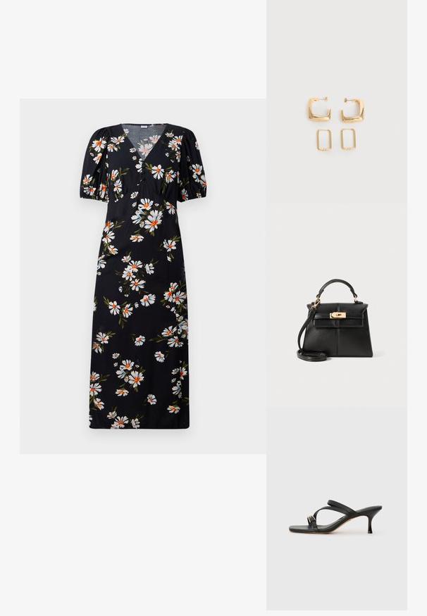Robe longue noire à manches bouffantes, présentant un motif floral blanc et orange. Design à col en V avec des détails froncés au niveau de la poitrine.; Sandales à talons noirs avec un bout carré, deux brides croisées, accent de boucle dorée et un fin talon haut. Texture en cuir lisse.; Sac à main en cuir noir au design structuré, avec anses supérieures, une bandoulière amovible et des garnitures en ton doré sur une fermeture magnétique.; Deux paires de Boucles d'oreilles créoles géométriques dorées sur une surface blanche unie, une paire carrée et pleine, une paire rectangulaire et creuse.