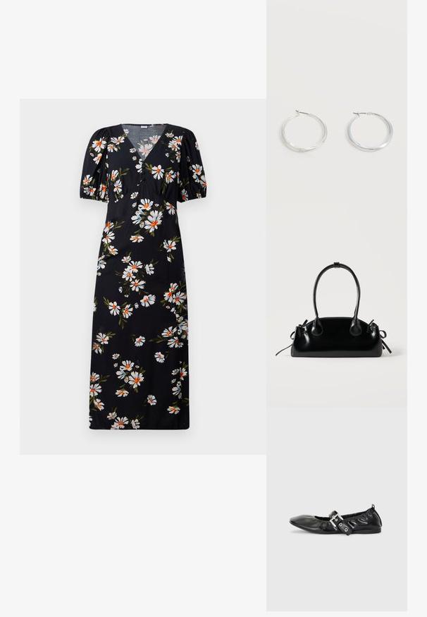 Robe longue noire à manches bouffantes, présentant un motif floral blanc et orange. Design à col en V avec des détails froncés au niveau de la poitrine.; Chaussure plate en cuir noir avec un nez pointu, des détails froncés autour de l'ouverture et un accent en boucle argentée sur la bride ajustable.; Petit sac à main noir brillant avec deux longues anses et des détails à cordon sur les côtés sur un fond clair uni.; Boucles d’oreilles créoles en métal argenté avec une surface lisse légèrement incurvée et des fermoirs à clapet sur un fond blanc uni.