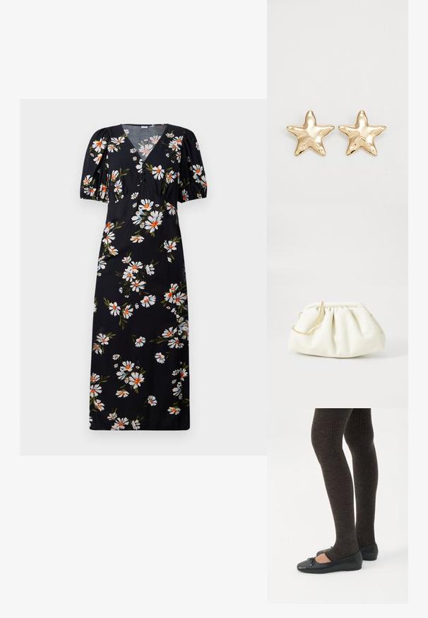 Robe longue noire à manches bouffantes, présentant un motif floral blanc et orange. Design à col en V avec des détails froncés au niveau de la poitrine.; Jambes portant des leggings côtelés foncés associés à des ballerines noires avec de petits détails en nœud sur fond blanc.; Sac à main en cuir blanc avec un design plissé, doté d'une bandoulière en chaîne dorée et d'une forme arrondie. Texture lisse avec des plis doux et sans motifs.; Boucles d'oreilles en forme d'étoile dorée avec une finition lisse et brillante et un design tridimensionnel, comportant cinq pointes et une texture légèrement incurvée.