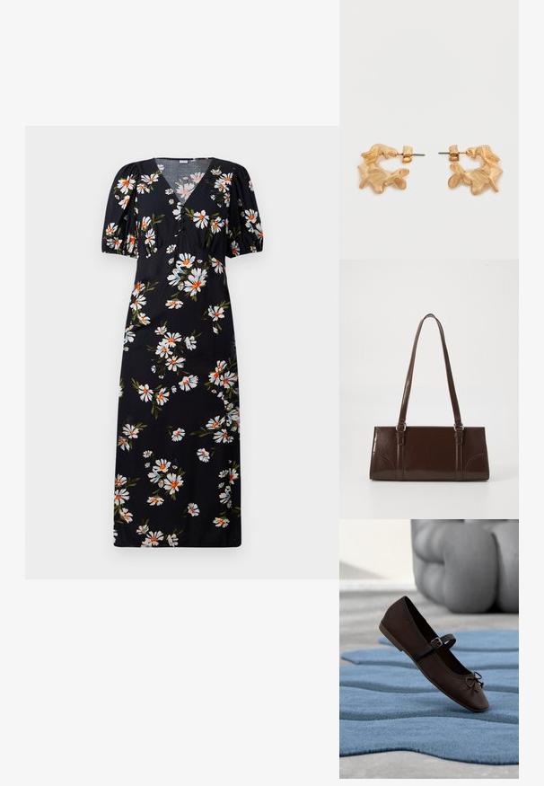 Robe longue noire à manches bouffantes, présentant un motif floral blanc et orange. Design à col en V avec des détails froncés au niveau de la poitrine.; Chaussure plate Mary Jane marron foncé avec boucle et détail nœud reposant sur un tapis texturé bleu ondulé, et un canapé gris rembourré en arrière-plan.; Sac à main en cuir verni marron de forme rectangulaire, avec deux longues poignées et des accents courbés subtils à l'avant.; Boucles d'oreilles dorées avec une forme abstraite et organique, présentant une surface texturée et une fermeture à poussette.