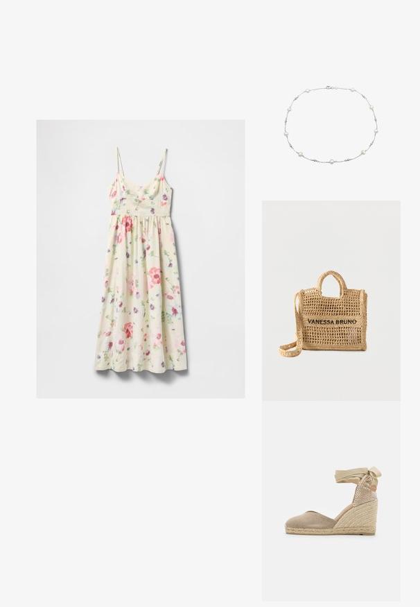 Cremefarvet ærmeløs midi-kjole med pink, rød, lilla og grøn blomsterprint og tynde justerbare stropper.; Beige espadrille kile med en tekstureret stofoverdel, vævet jutehæl og et bånd, der ties om anklen for en sikker pasform.; Vævet beige håndtaske med to håndtag, lang rem, åben vævning og "VANESSA BRUNO" broderet i sort på forsiden.; Sølv halskæde med jævnt fordelte hvide perler og metal accenter, med en fin kæde og en klipslås.