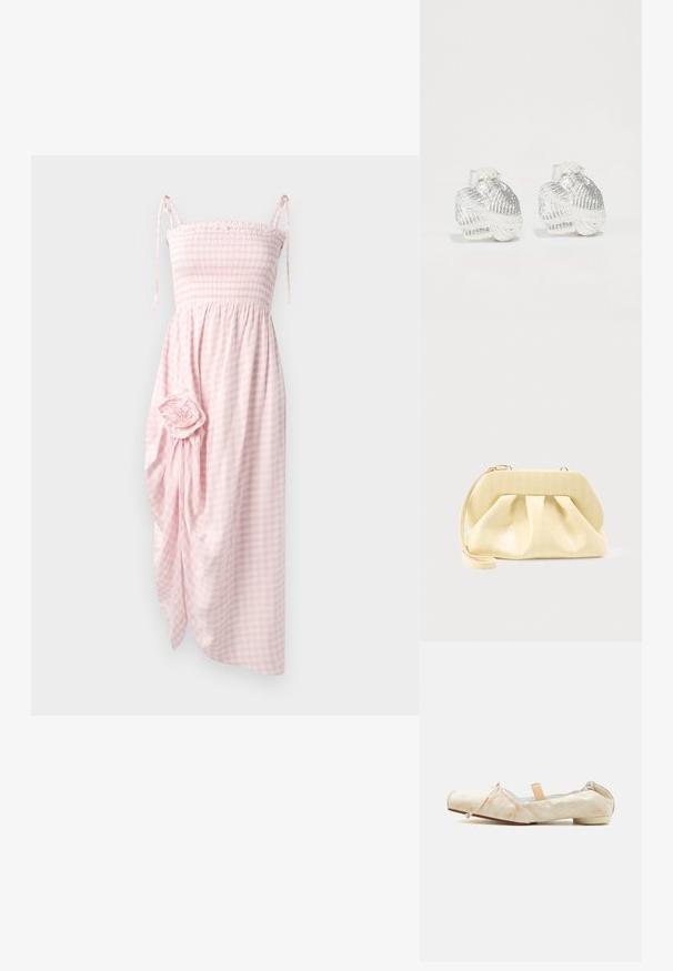 Robe en vichy rose smockée avec des bretelles à nouer, longueur genoux, présentant un tissu drapé et un détail floral sur le côté. Tissage texturé.; Ballerine en tissu doux beige avec un petit talon, un dos élastique, un détail de nœud sur l'orteil et une sangle élastique pêche traversant le cou-de-pied.; Pochette en cuir couleur crème avec un cadre supérieur structuré et une lanière pour poignet, présentée sur un fond clair uni.; Boucles d'oreilles en argent en forme de coquillage avec des nervures texturées et des courbes lisses, dotées d'un dos transparent pour un port sécurisé.