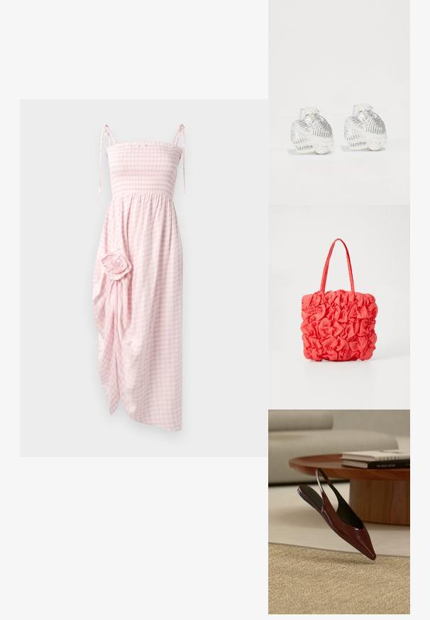 Smocket lyserød ternet kjole med bindebånd, knælængde, med draperet stof og en blomsterdetalje på siden. Struktureret vævning.; Mørkebrun spids slingback, flad sko svæver over et vævet beige tæppe med et rundt bord i træ og bøger i baggrunden.; Koralfarvet tote bag med en tekstureret, samlet design. Lavet af blødt stof, med to robuste håndtag og et rummeligt indre.; Sølvrunde ørehængere i skaldform med strukturerede riller og glatte kurver, der har en klar bagside for sikker bæring.