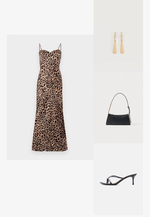 Maxi-jurk met luipaardprint, dunne verstelbare bandjes, een sweetheart-halslijn en een gladde, satijnachtige textuur.; Zwarte laklederen sandaal met hakken, dunne gekruiste bandjes en een slanke, middelhoog stilettohak op een witte achtergrond.; Zwarte leren handtas met een gouden ritssluiting en verstelbare band met gouden rechthoekige details op een witte achtergrond.; Oorbellen in goudkleur met glanzende, langgerekte druppelvormige hangers die aan kleine oorringen hangen, op een witte achtergrond.