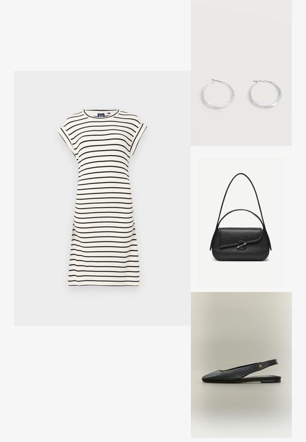 Kjole med kortærmer og rund halsudskæring i hvid med sorte vandret striber. Lavet af bomuldsstof, afslappet pasform, knælang design. Enkle syninger.; Sort læder slingback flad sko med spids tå og guldt logo accent på remmen, vist på en neutral baggrund.; Sort læderhåndtaske med afrundede kanter, asymmetrisk klap, metalcirkulært spænde samt både korte og lange skulderstropper.; Sølvfarvede metaloorringe med glat, let buet overflade og låsemekanisme på en ensfarvet hvid baggrund.