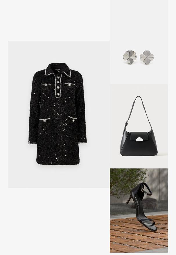 Schwarzes Paillettenkleid mit einem Kragen, fünf Knöpfen an der Vorderseite und zwei Taschen, verziert mit silbernen Akzenten und runden Verzierungen.; Schwarze Sandalette mit hohem Absatz und Knöchelriemen schwebt über einem Holzboden im Freien vor verschwommenem Grün und Steinhintergrund.; Schwarze Leder-Umhängetasche mit geschwungener rechteckiger Form, verstellbarem Riemen und silberner Metall-Logoplatte auf der Vorderklappe.; Silberne Ohrringe in Form eines vierblättrigen Kleeblatts, mit abwechselnd glänzenden und matten Abschnitten für einen visuellen Kontrast.