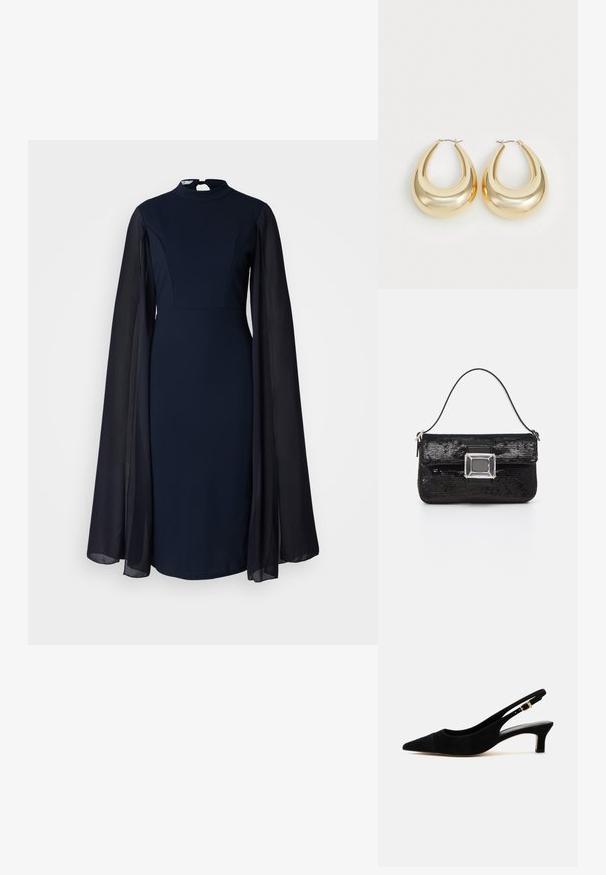 Marineblå kjole med høj hals og lange, gennemsigtige ærmer. Kjolen er tætsiddende, mens ærmerne er løse og flagrende. Ideel til formelle lejligheder.; Sort ruskind slingback-pumps med spids tå, 5 cm kitten hæl og guldbeslag på den justerbare hælrem.; Sort pailletteret håndtaske med en rektangulær akryllås og et enkelt håndtag. Den har en glat tekstur og en kompakt rektangulær form.; Guldtonede hoops øreringe med et glat, buet design og en poleret overflade. Lystreflekterende tekstur og sikker hoop lukning.