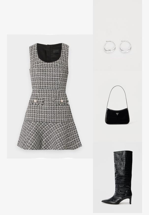 Vestido sin mangas en tweed blanco y negro con corsé ajustado, falda acampanada y dos bolsillos frontales adornados con embellishments redondos.; Botas negras de media caña con textura brillante de patrón de cocodrilo, punta afilada y tacón cónico. Material sintético liso.; Bolso de hombro de charol negro con correa delgada, logotipo triangular de Guess en el frente y cierre superior con cremallera.; Pendientes de aro de plata con un acabado pulido y la marca DKNY, exhibidos sobre un fondo blanco liso.