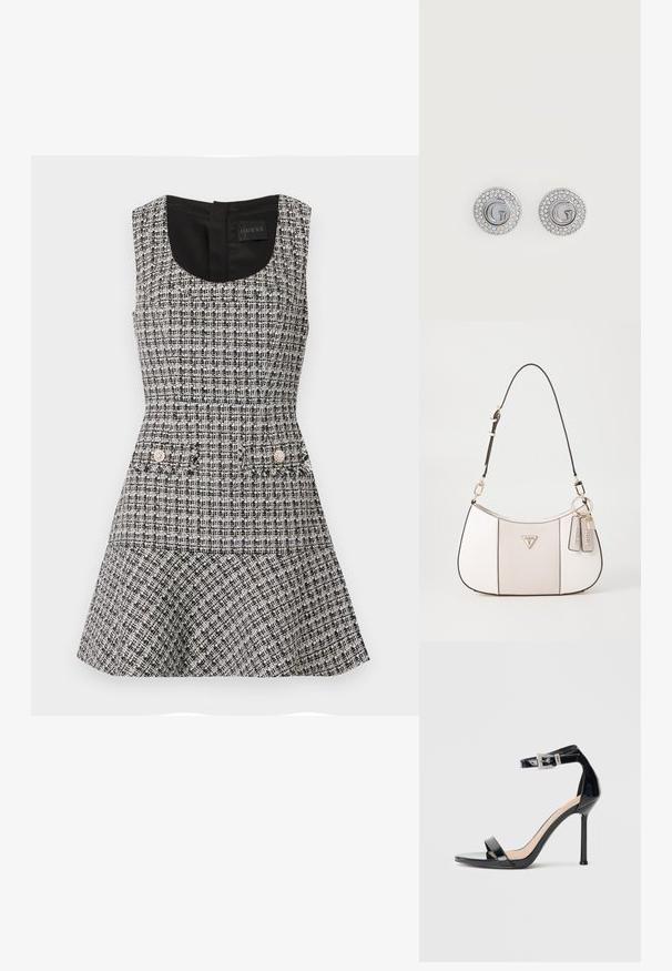 Vestido sin mangas en tweed blanco y negro con corsé ajustado, falda acampanada y dos bolsillos frontales adornados con embellishments redondos.; Sandalia de tacón alto en piel sintética negra con correa en el tobillo. Presenta un diseño minimalista, punta abierta y una hebilla con detalles de pedrería.; Bolso de mano blanco texturizado con forma curva, que cuenta con una correa negra, herrajes dorados y etiquetas de marca adjuntas.; Pendientes de botón redondos plateados con una letra G en el centro, rodeada por dos filas de pequeños cristales transparentes.