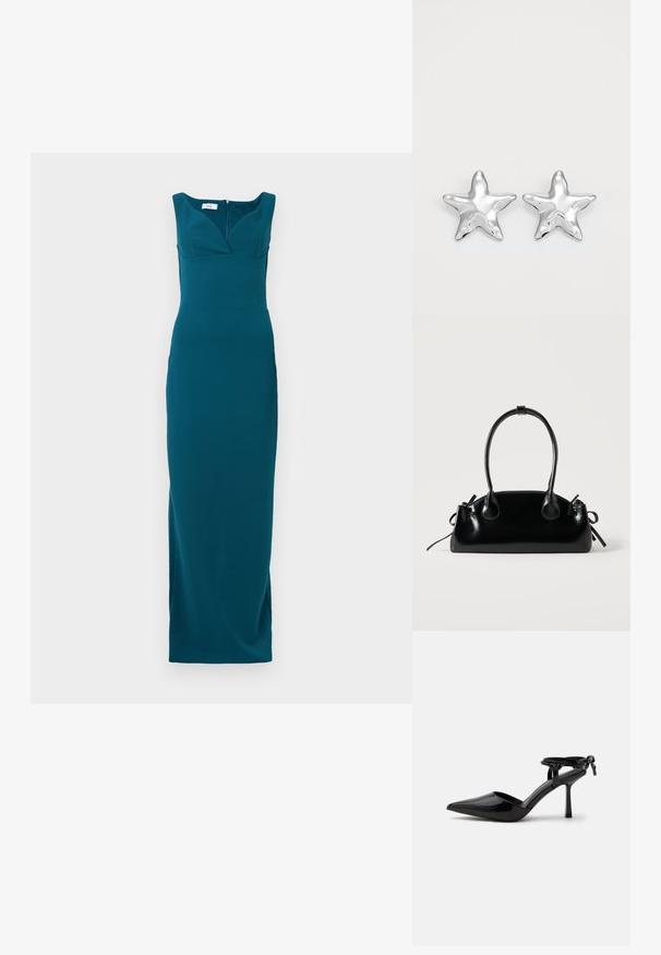 Robe teal long jusqu'au sol avec une silhouette ajustée, décolleté profond et bretelles larges ; tissu lisse avec une fermeture éclair au dos.; Chaussure à talon haut en cuir verni noir avec bout pointu et bride de cheville nouée à l'arrière, présentée sur un fond blanc uni.; Petit sac à main noir brillant avec deux longues anses et des détails à cordon sur les côtés sur un fond clair uni.; Boucles d'oreilles argentées en forme d'étoile, avec une surface lisse et brillante. Chaque boucle d'oreille possède cinq pointes et des détails subtils de texture de surface.