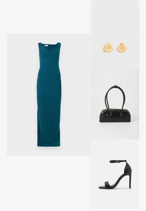 Robe teal long jusqu'au sol avec une silhouette ajustée, décolleté profond et bretelles larges ; tissu lisse avec une fermeture éclair au dos.; Sandale noire à talons hauts au design épuré, avec une bride au niveau de la cheville, un bout ouvert et une texture en cuir lisse.; Sac à main en cuir noir avec deux anses allongées, fermeture éclair et forme arrondie ; texture lisse avec une finition légèrement brillante.; Paire de clous d'oreilles en forme de nœud, couleur or brillant, sur un fond blanc uni.