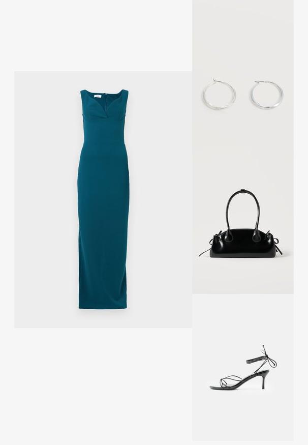 Robe teal long jusqu'au sol avec une silhouette ajustée, décolleté profond et bretelles larges ; tissu lisse avec une fermeture éclair au dos.; Sandale noire à talons hauts avec lanières fines à la cheville et talon stiletto de hauteur moyenne sur fond blanc.; Petit sac à main noir brillant avec deux longues anses et des détails à cordon sur les côtés sur un fond clair uni.; Boucles d’oreilles créoles en métal argenté avec une surface lisse légèrement incurvée et des fermoirs à clapet sur un fond blanc uni.