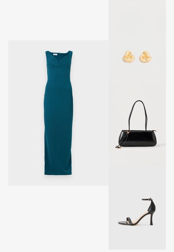 Robe teal long jusqu'au sol avec une silhouette ajustée, décolleté profond et bretelles larges ; tissu lisse avec une fermeture éclair au dos.; Sandale à talons hauts en cuir noir avec une fine bride de cheville, bout ouvert et un talon élégant et courbé. Semelle texturée et design minimaliste.; Sac à main rectangulaire noir avec deux longues bandoulières, détail anneau doré et fermeture éclair sur un fond clair uni.; Paire de clous d'oreilles en forme de nœud, couleur or brillant, sur un fond blanc uni.