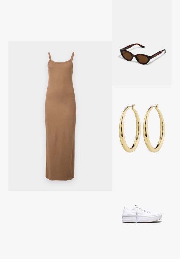 Vestido maxi marrón de canalé con tirantes finos, diseño ajustado y textura suave. Presenta un dobladillo recto en el tobillo.; Zapatilla blanca de lona de perfil bajo con suela gruesa de plataforma, cierre de cordones en el frente y puntera de goma texturizada, mostrada de perfil.; Gafas de sol de carey marrón con una forma vintage de ojo de gato y lentes marrones. Presentan brazos curvados con acentos rojos.; Pendientes de aro de oro con un acabado suave y pulido. Forma circular, con un cierre seguro en la parte superior. La superficie refleja la luz.