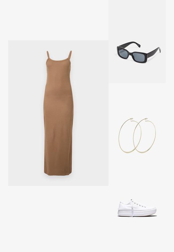 Vestido maxi marrón de canalé con tirantes finos, diseño ajustado y textura suave. Presenta un dobladillo recto en el tobillo.; Zapatilla blanca de lona de perfil bajo con suela gruesa de plataforma, cierre de cordones en el frente y puntera de goma texturizada, mostrada de perfil.; Gafas de sol rectangulares negras con lentes oscuros, montura de plástico grueso y patillas anchas. Superficie lisa y diseño anguloso.; Pilgrim Pendientes - gold-coloured