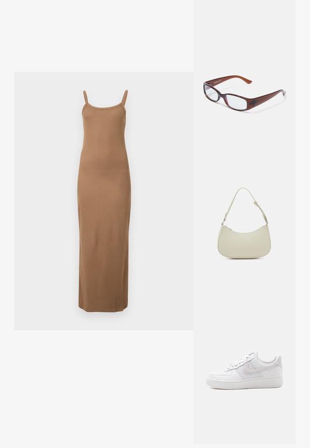 Vestido maxi marrón de canalé con tirantes finos, diseño ajustado y textura suave. Presenta un dobladillo recto en el tobillo.; Zapatilla Nike Air Force 1 blanca de caña baja con cordones blancos, perforaciones en la puntera y panel de malla detrás del logo de Nike Swoosh.; Gafas rectangulares con tintado marrón y acabado brillante, con varillas delgadas y lentes transparentes. Logo visible en la patilla izquierda.; Pieces PCALUANA SHOULDER BAG - Bolso de mano - birch