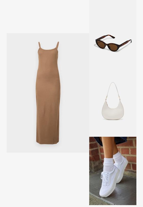 Vestido maxi marrón de canalé con tirantes finos, diseño ajustado y textura suave. Presenta un dobladillo recto en el tobillo.; Zapatillas de lona blancas con suelas de goma, que presentan seis ojales, puntera redonda y detalles de costura ligera, combinadas con calcetines blancos hasta el tobillo.; Gafas de sol de carey marrón con una forma vintage de ojo de gato y lentes marrones. Presentan brazos curvados con acentos rojos.; Bolso de hombro de cuero crema con forma de media luna, correa delgada y sutil detalle de costuras. Diseño minimalista con acentos de hardware en tono dorado.