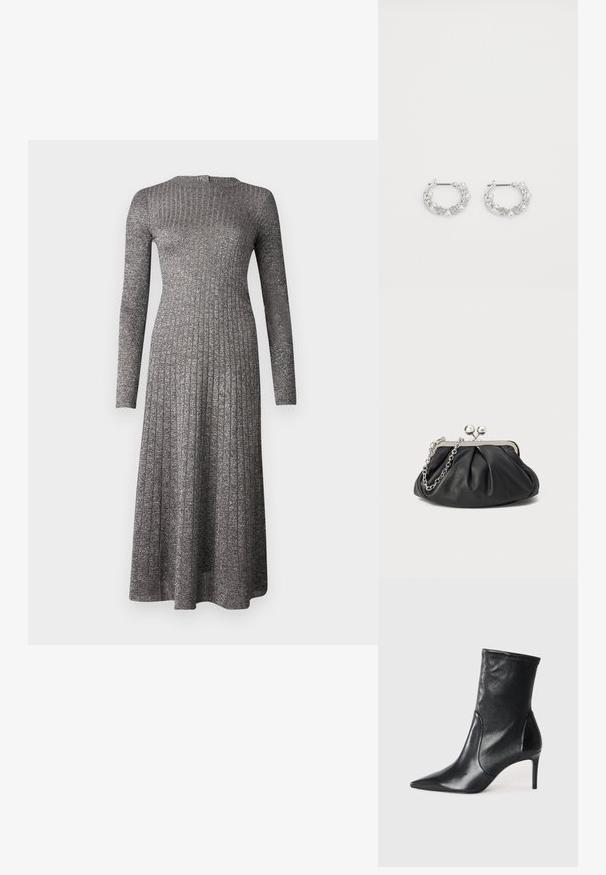 Langärmliges, geripptes Kleid aus silbergrauem Stoff mit taillierter Oberpartie und schwingendem Rock. Es hat einen runden Ausschnitt und einen dezenten Glanz.; Schwarze Stiefeletten aus glattem Leder, mit einer spitzen Zehe, schmalem Schaft und schlanker, hoher Ferse. Minimalistisches Design ohne sichtbare Beschläge.; Schwarze Leder-Clutch mit geraffter Textur, silberfarbener Metallrahmen, Druckverschluss und Kettenriemen. Glatte, weiche Oberfläche.; Silberne Creolen mit Perlen- und Kristallakzenten, ausgestattet mit einer strukturierten Oberfläche und einem sicheren Steckverschluss.