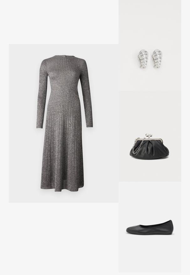 Robe à manches longues en tissu gris argenté, avec un corsage ajusté et une jupe évasée, dotée d'un col rond et d'un éclat subtil.; Ballerines en cuir noir avec un bout rond, texture lisse, détails de couture minimalistes et design de semelle flexible.; Porte-monnaie en cuir noir avec texture froncée, cadre en métal argenté, fermeture à verrouillage kiss-lock et bandoulière en chaîne. Surface lisse et douce.; Boucles d'oreilles en clip argentées avec un design en spirale, présentant une texture métallique lisse et des formes arrondies. Pas d'embellissements ou de motifs visibles.