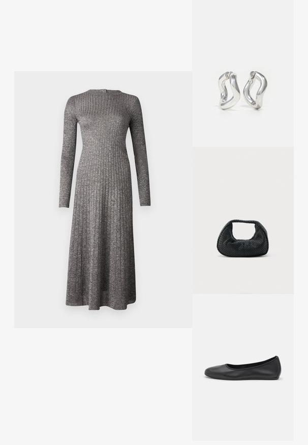 Robe à manches longues en tissu gris argenté, avec un corsage ajusté et une jupe évasée, dotée d'un col rond et d'un éclat subtil.; Ballerines en cuir noir avec un bout rond, texture lisse, détails de couture minimalistes et design de semelle flexible.; Sac hobo tissé noir avec une structure souple et une poignée intégrée, présenté sur un fond clair uni.; Boucles d'oreilles créoles argentées avec un design torsadé. Bords arrondis et finition brillante. Fermoirs ouverts pour un port facile. Texture lisse sur toute la surface.