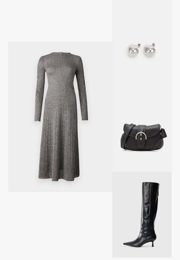 Vestido de manga larga de tela gris plateada con un corpiño ajustado y una falda acampanada, que presenta un escote redondo y un sutil brillo.; Bota de cuero negra hasta la rodilla con punta afilada y tacón delgado curvado. Textura suave, diseño ajustado y sin hardware ni patrones visibles.; COACH GLOVETANNED SOHO - Bolso de mano - black; Pendientes de gota de plata con superficies redondeadas y reflectantes; diseño minimalista con textura suave y un sutil detalle de marca.
