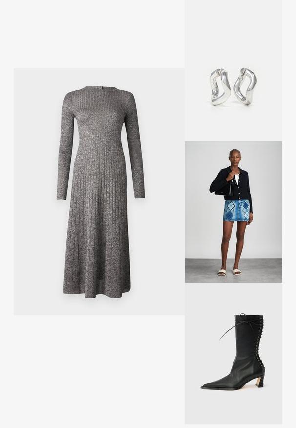 Langärmliges, geripptes Kleid aus silbergrauem Stoff mit taillierter Oberpartie und schwingendem Rock. Es hat einen runden Ausschnitt und einen dezenten Glanz.; Schwarzer Leder-Stiefelette mit spitzer Zehenpartie, schlankem Absatz, Schnürdetail an der Rückseite und Metallösen. Glatte Textur mit elegantem Design.; Schwarze Strickjacke, weißes Oberteil, Jeansrock mit blauem und schwarzem Diamantenmuster, schwarze Handtasche und beige Rutschsandalen.; Silberne Creolen mit gedrehtem Design. Abgerundete Kanten und glänzende Oberfläche. Offen schließende Verschlüsse für einfaches An- und Ausziehen. Glatte Textur durchgehend.