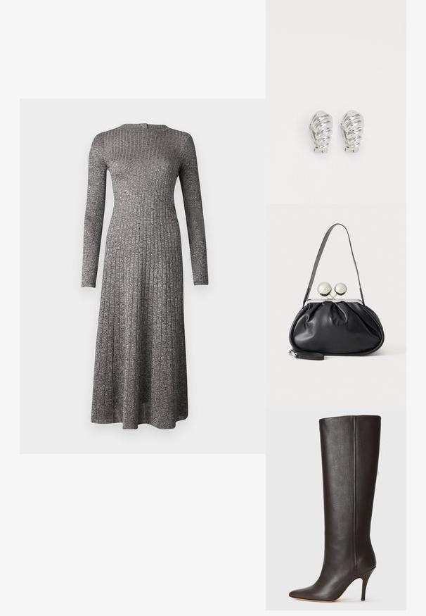 Robe à manches longues en tissu gris argenté, avec un corsage ajusté et une jupe évasée, dotée d'un col rond et d'un éclat subtil.; Botte en cuir noire, montée jusqu'au genou, avec un bout pointu, un design épuré et un fin talon haut. Texture lisse et minimalisme des détails.; Sac à main en cuir noir avec un design plissé, une sangle unique, un cadre métallique argenté et deux grandes fermoirs ronds en argent.; Boucles d'oreilles en clip argentées avec un design en spirale, présentant une texture métallique lisse et des formes arrondies. Pas d'embellissements ou de motifs visibles.