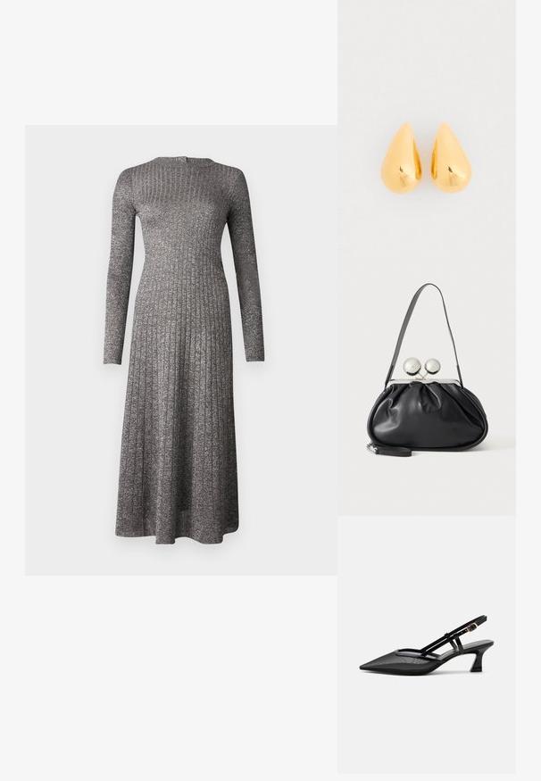 Langærmet ribbet kjole i sølvgrå stof med tætsiddende liv og flagrende nederdel, med rund halsudskæring og en subtil glans.; Sort spids tå slingback-sko med mesh-øverdel, tynde stropper, guldlås og lav buet hæl på hvid baggrund.; Sort læderhåndtaske med opsamlet design, en enkelt rem, sølv metalramme og to store runde sølv lukninger.; Guld dråbeøreringe med en glat, poleret overflade og afrundede bunde, der reflekterer lyset med en skinnende finish.