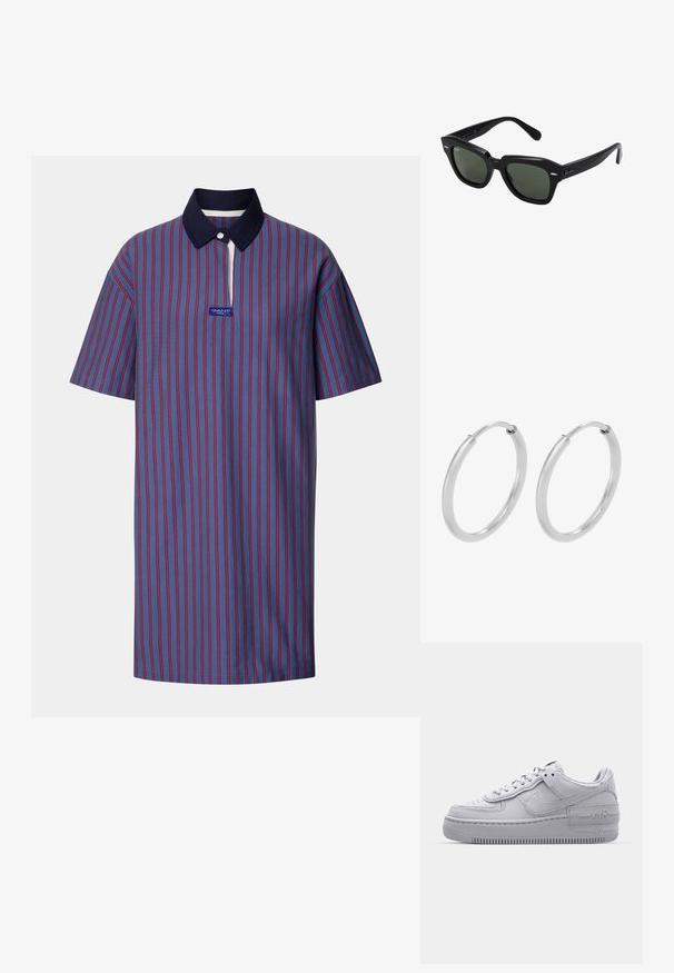 Pruhovaná polo košeľa v modrej farbe s červenými pruhmi, s námorníckym golierom a krátkym zipsom, vyrobená z textúrovanej tkaniny s logom.; Šedé tenisky Nike Air Force 1 s perforovanou špičkou, hladkým koženým zvrškom, hrubou podrážkou a embosovaným detailom 'AIR' na päte.; Čierne slnečné okuliare štvorcového tvaru s tmavozelenými sklami, s výraznými rámami a striebornými akcentmi po stranách. Vyrobené v Taliansku.; Strieborné kruhové náušnice, oblého tvaru, hladký lesklý povrch a rovnomerná šírka po celom obvode. Minimalistický dizajn bez ďalších akcentov.
