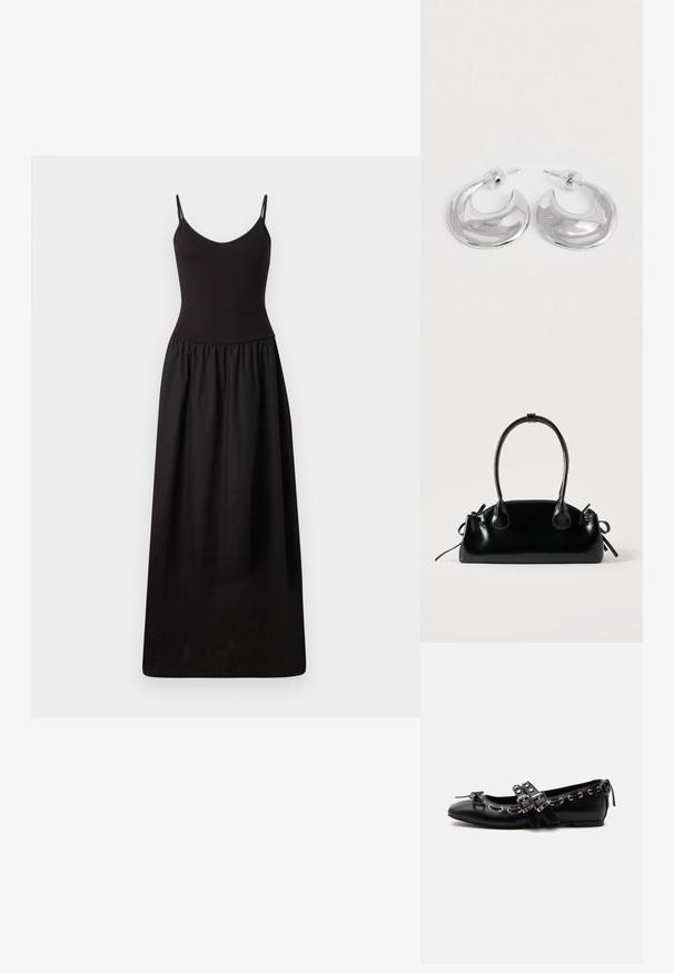 Zwart maxi-jurk met dunne verstelbare bandjes, fitted corsage, geplooide taille en gladde stof, die tot op de vloer reikt met een eenvoudige silhouet.; Zwarte platte balletschoen met dubbele gespsluitingen, zilveren oogjes en een klein strikje nabij de afgeronde neus op een witte achtergrond.; Kleine zwarte glanzende handtas met twee lange hengsels en zijkant trekkoord details op een effen lichte achtergrond.; Een paar gepolijste zilveren halve maanvormige creolen met heldere plastic achterkanten op een witte ondergrond.