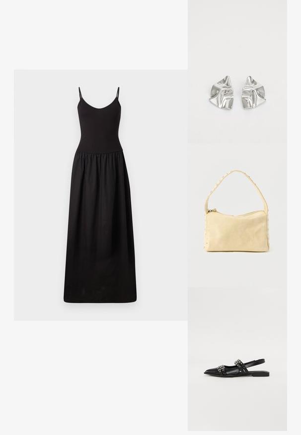 Zwart maxi-jurk met dunne verstelbare bandjes, fitted corsage, geplooide taille en gladde stof, die tot op de vloer reikt met een eenvoudige silhouet.; Even&Odd by Zalando Slingback ballerina´s - black; Kleine beige leren handtas met een enkele band en zilveren studs langs de randen en band, tegen een effen achtergrond.; Zilveren metalen oorbellen met een golvend, sculpturaal ontwerp, voorzien van een gepolijste afwerking en onregelmatige vormen, die een hedendaagse esthetiek benadrukken.