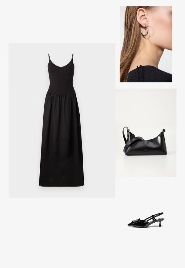 Schwarzes Maxikleid mit dünnen, verstellbaren Trägern, tailliertem Oberteil, gerafftem Taillenbereich und glattem Stoff, der bis zum Boden reicht und eine schlichte Silhouette hat.; Schwarze Lackleder-Slingbacks mit spitzer Zehenpartie, einer Schleifendetail an der Vorderseite und einem kleinen Stiletto-Absatz. Die Riemen haben verstellbare Schnallen.; Schwarze lederne Handtasche mit glatter Textur. Verfügt über einen verstellbaren Riemen und ein elegantes, minimalistisches Design mit einem Reißverschluss.; Silberne Creolen mit polierter Oberfläche, die kleine goldene Akzentdetails und eine runde Form aufweisen, am Ohrläppchen getragen.