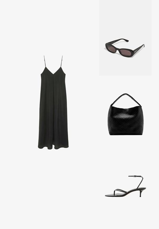 Robe midi noire sans manches avec fines bretelles ajustables et une couture frontale au centre, suspendue sur fond blanc.; Sandale noire à brides fines avec boucle fine à la cheville, boucle pour l’orteil et talon kitten fin de hauteur moyenne sur fond blanc.; Lunettes de soleil noires avec des montures ovales, des verres teintés foncés et "vogue" imprimé en blanc sur les branches extérieures. Matériau en plastique lisse.; Sac à main tissé noir avec une poignée tressée unique et un corps rectangulaire large et souple sur fond blanc.