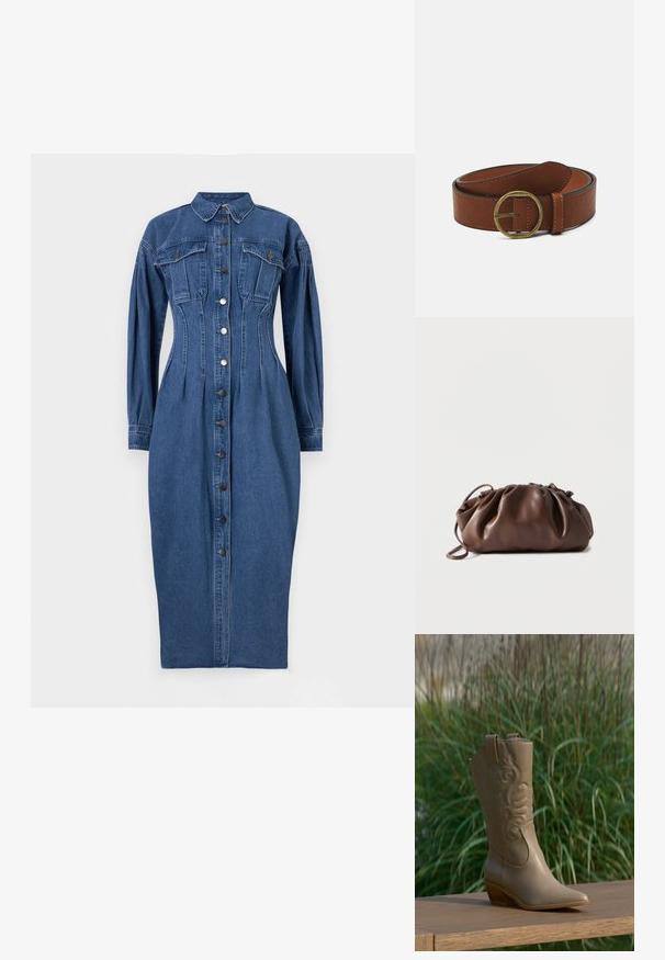 Denimkjole med knaplukning foran, lange ærmer, to brystlommer og en struktureret silhuet i en mellemblå vask.; Tan læder cowboystøvle med broderet design og træhæl placeret på en træoverflade mod en baggrund af grønne planter.; Blød brun læderpung med samlet top og tynd strop, hvilende på hvid baggrund.; Brun læderbælte med en rund messingspænde, der har en glat overflade og kontrasterende syninger langs kanterne.