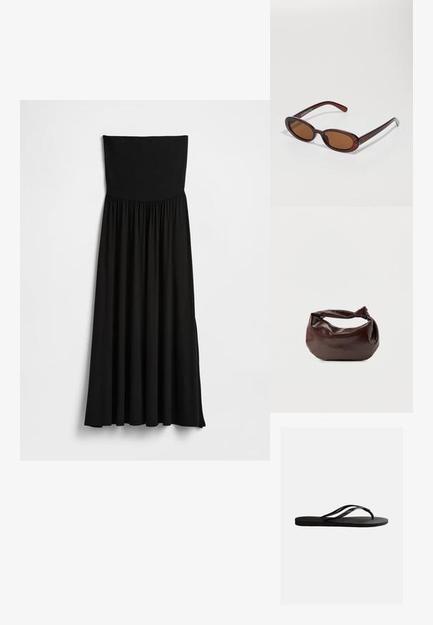 Robe maxi noire sans bretelles, dotée d'un corsage extensible, d'une jupe froncée, d'une texture lisse et d'une silhouette fluide avec des fentes sur les côtés.; Sandale tong en caoutchouc noir avec semelle texturée et fines brides en Y sur un fond blanc uni.; Lunettes de soleil rondes teinte brun avec une monture bordeaux brillante. Branches fines avec un détail de marque subtil. Design de verres plats.; Sac bandoulière en cuir marron foncé avec une forme souple et décontractée et une anse nouée torsadée sur un fond blanc uni.
