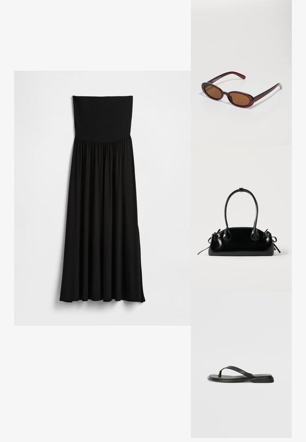 Robe maxi noire sans bretelles, dotée d'un corsage extensible, d'une jupe froncée, d'une texture lisse et d'une silhouette fluide avec des fentes sur les côtés.; Tongs noires en cuir lisse, avec un design de sangle fine et une semelle plate à profil minimal. Aucun motif ou accent notables.; Lunettes de soleil rondes teinte brun avec une monture bordeaux brillante. Branches fines avec un détail de marque subtil. Design de verres plats.; Petit sac à main noir brillant avec deux longues anses et des détails à cordon sur les côtés sur un fond clair uni.