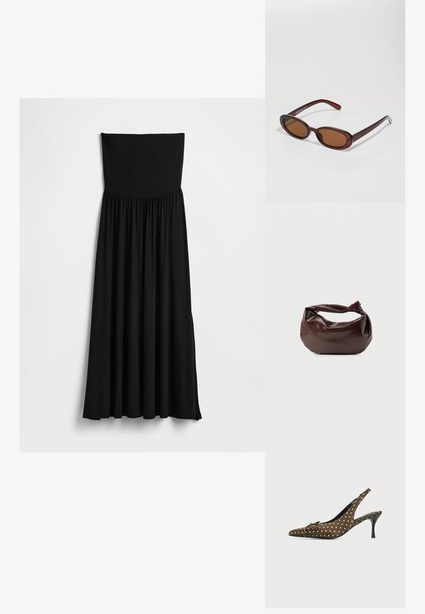Schwarzes trägerloses Maxikleid mit dehnbarem Oberteil, gerafftem Rock, glatter Textur und fließender Silhouette mit Seitenschlitzen.; Brauner Slingback-Pumps mit weißen Punkten, spitzer Zehenpartie, kleinem Schleifchen und schwarzem Stilettoabsatz vor einfarbigem Hintergrund.; Runde, braun getönte Sonnenbrillen mit einem glänzenden burgunderfarbenen Rahmen. Schlanke Bügel mit dezentem Branding. Flaches Linsendesign.; Dunkelbraune Lederschultertasche mit weicher, lockerer Form und einem gedrehten Knotengriff vor schlichtem weißem Hintergrund.