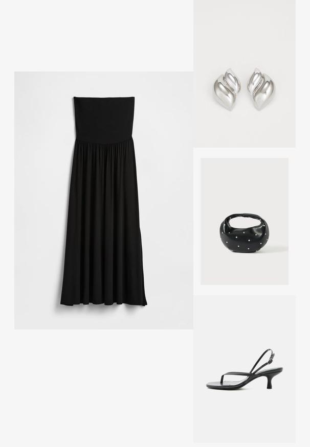 Schwarzes trägerloses Maxikleid mit dehnbarem Oberteil, gerafftem Rock, glatter Textur und fließender Silhouette mit Seitenschlitzen.; Schwarze Sandale mit dünnen Riemchen, niedrigem Kittenabsatz, dünner Zehenschlaufe und verstellbarem Knöchelriemen mit silberner Schnalle, vor weißem Hintergrund.; Schwarze Lederhandtasche mit abgerundeter Form, verziert mit silbernen Nietenakzenten und kurzem Griff. Glatte Struktur und Reißverschlussverschluss.; Silberne Ohrringe mit einer organischen, abstrakten Form. Glatte, glänzende Oberfläche mit einem konischen Design. Mit dezenten Kurven und einem zentralen Linienelement.