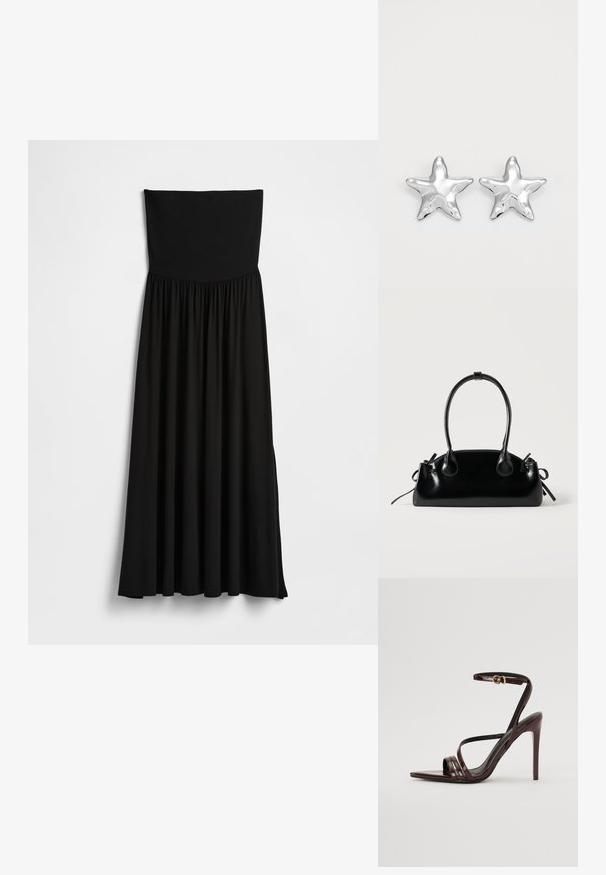 Schwarzes trägerloses Maxikleid mit dehnbarem Oberteil, gerafftem Rock, glatter Textur und fließender Silhouette mit Seitenschlitzen.; Bordeaux-farbenes Lackleder-High-Heel-Sandale mit einem Knöchelriemen, spitzem Zehenbereich und drei horizontalen Riemen über dem Fuß. Details mit goldfarbener Schnalle.; Kleine schwarze glänzende Handtasche mit zwei langen Griffen und seitlichen Kordelzug-Details vor einfachem hellem Hintergrund.; Silberne sternförmige Ohrringe mit einer polierten, glänzenden Oberfläche. Jeder Ohrring hat fünf Spitzen und dezente Oberflächentexturdetails.