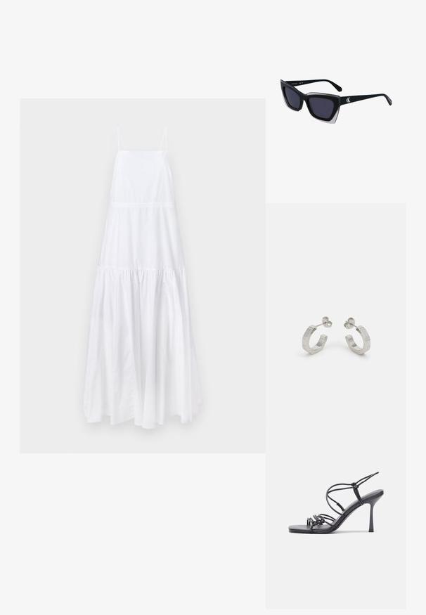 Robe blanche sans manches avec un corsage ajusté, une jupe à volants et un léger éclat. Dotée de bretelles fines ajustables et d'une taille froncée.; Des sandales noires à talons hauts avec des fines lanières au design noué, un bout carré lisse et un talon aiguille élégant.; Lunettes de soleil noires surdimensionnées avec une forme géométrique, dotées de verres foncés et d'un détail gris contrastant sur la monture. Logo sur la branche.; Boucles d'oreilles en métal argenté avec un design texturé, dotées d'un petit fermoir et d'une marque sur une des hoops. Forme arrondie avec une finition polie.