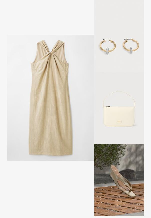 Robe sans manches beige avec un design de dos noué, fabriquée à partir d'un tissu texturé, présentant une silhouette droite et une coupe mi-jarret.; Sandale à lanière en cuir beige avec le logo BOSS sur la semelle intérieure, flottant au-dessus d'une terrasse en lattes de bois avec du petit gravier entre les lattes.; Sac à main rectangulaire de couleur crème avec une seule sangle et une fermeture éclair sur le dessus, comportant une petite plaque de logo embossé à l'avant.; Paire de boucles d'oreilles créoles dorées avec un petit détail boucle ton argent sur chaque, exposées sur fond gris clair.