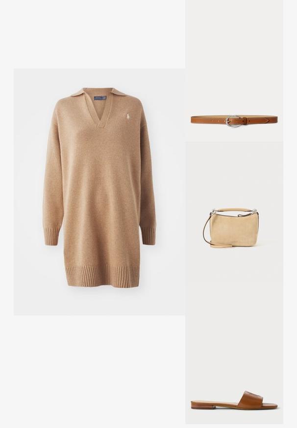 Beige striktrøje med V-hals og polo-krave. Har ribbede manchetter og kant. Broderet logo på venstre bryst. Blød tekstur.; Brune læder slide sandal med en bred rem og præget detaljering, flad sål med en let træaccent på hælen, minimalistisk design.; Beige skuldertaske i ruskind med kort hank, lang aftagelig rem og sølvfarvet hardware, præget med “Lauren Ralph Lauren” foran.; Brunt læderbælte med sølv oval spænde og hvide sting, lagt fladt på en lysegrå baggrund.