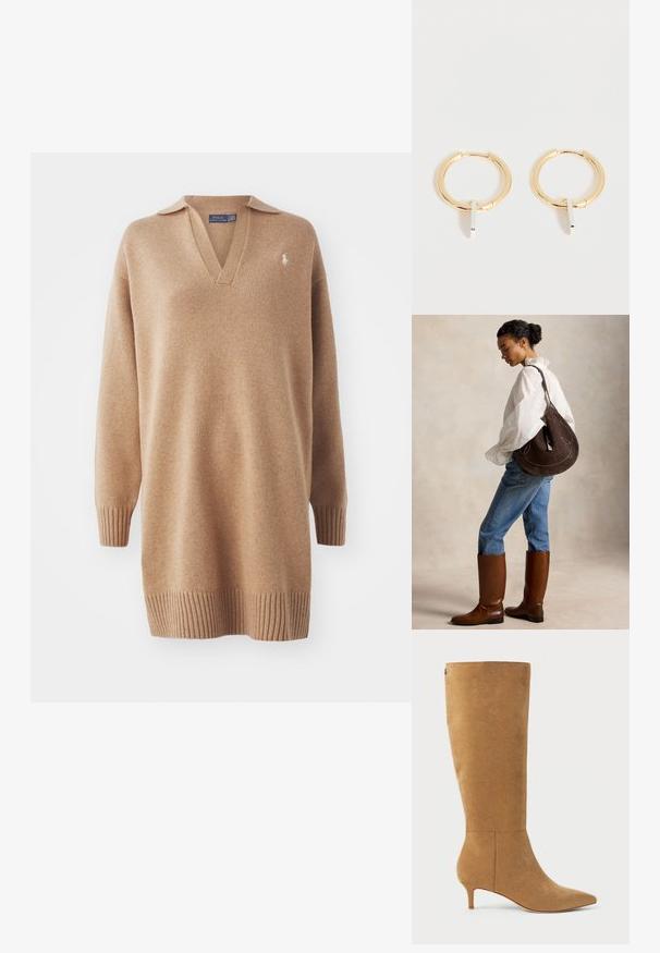 Béžový pletený sveter s výstrihom do V a polo golierom. Obsahuje rebrované manžety a lem. Vyšitá logo na ľavej hrudi. Mäkka textúra.; Lauren Ralph Lauren MCKAY SUEDE TALL BOOT HEEL - Čižmy - camel; Žena v bielej blúzke a modrých džínsach nosí vysoké hnede čižmy a nesie veľkú tmavohnedú kabelku cez rameno, stojí zboku na jednofarebnom pozadí.; Zlaté kruhové náušnice s malými zvislými striebornými obdĺžnikovými príveskami, zobrazené na bielom pozadí.