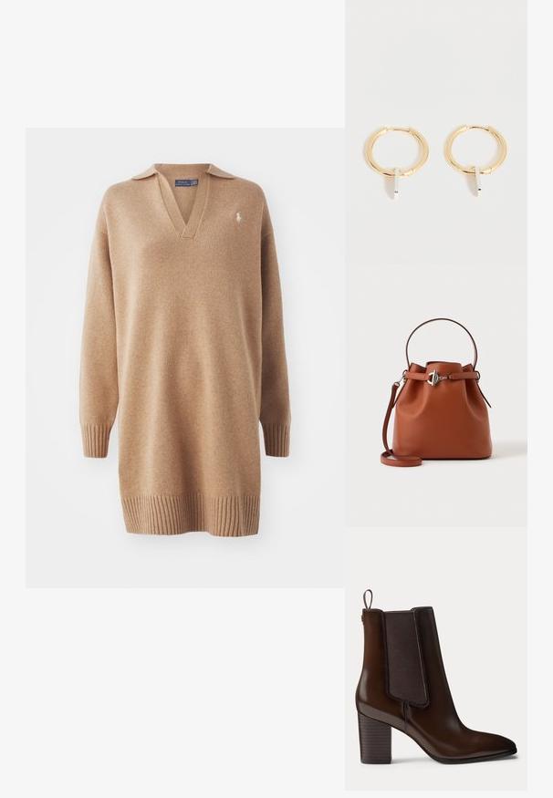 Beige striktrøje med V-hals og polo-krave. Har ribbede manchetter og kant. Broderet logo på venstre bryst. Blød tekstur.; Mørkebrun læderstøvle med blokhæl og elastisk sidepanel, med en trækflap bagpå for nem påtagning.; Brun læderkurvetaske med top håndtag, sølvspænde detalje og en aftagelig skulderrem på en hvid baggrund.; Guld øreringe med små lodrette sølv rektangulære vedhæng, vist på en hvid baggrund.